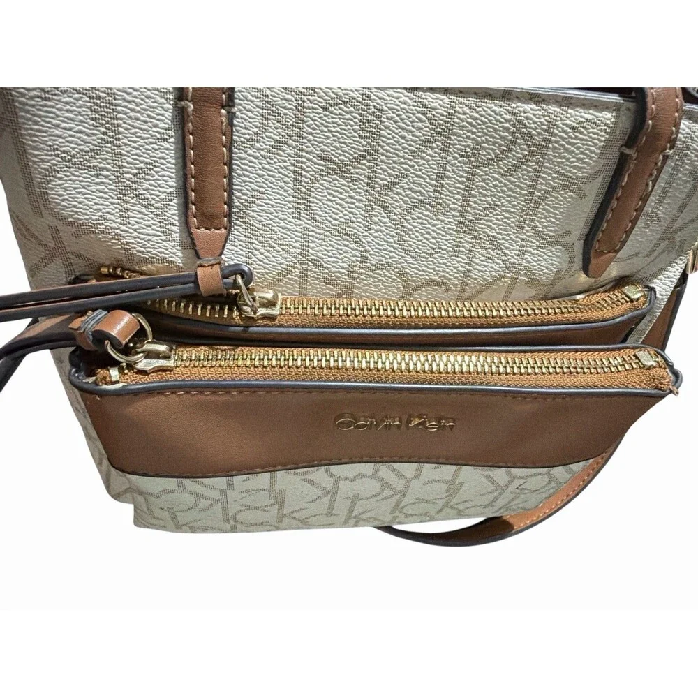 Calvin‎ Klein Signature Monogram Satchel Crossbody Beige Brown Zip Bag